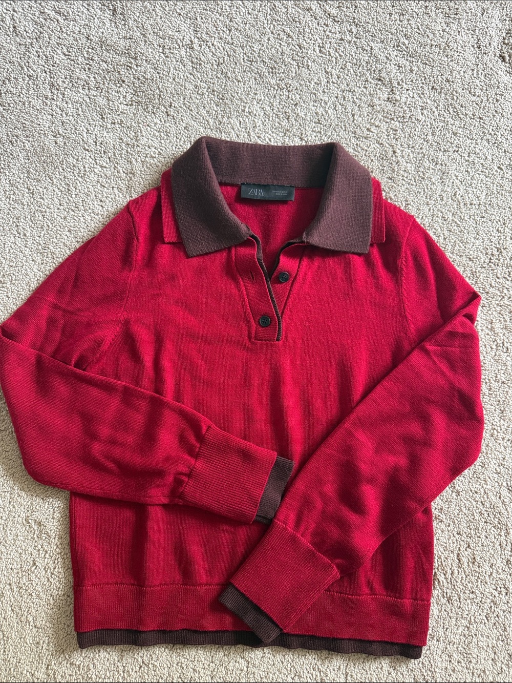 Zara Red Long-Sleeve Polo Sweater with Brown Collar